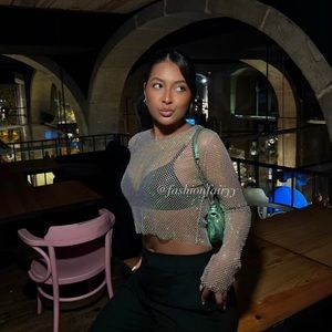 Zara Rhinestone Long Sleeve Crop Top